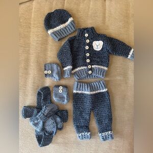 Handmade Crochet Baby Boy Outfit Set Navy Blue & Gray Sweater Hat Booties 0–3